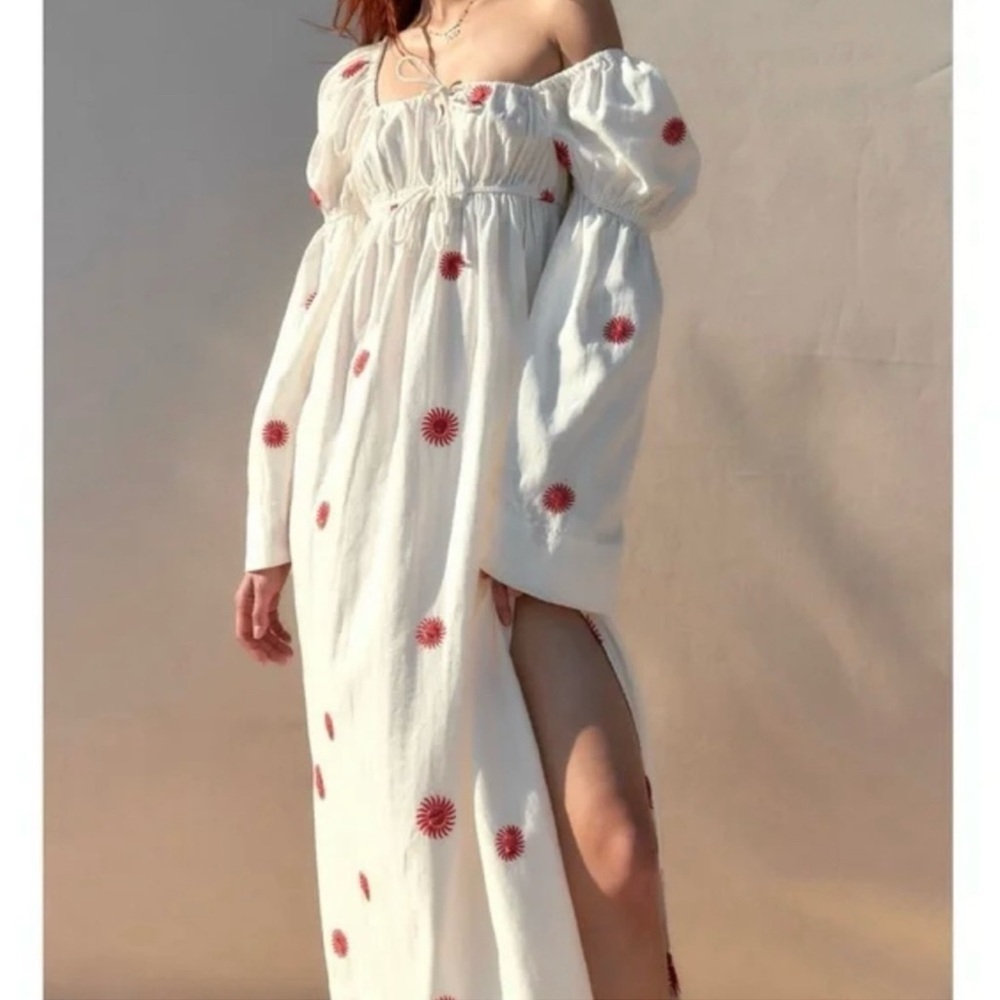 Free People Emory Embroidered Linen Midi Maxi Dress Ivory Boho – Size Medium - Picture 4 of 10